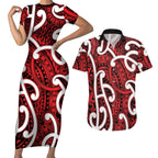 Aotearoa Maori Kowhaiwhai Couples Matching Short Sleeve Bodycon Dress and Hawaiian Shirt Whero Puhoro and Patiki