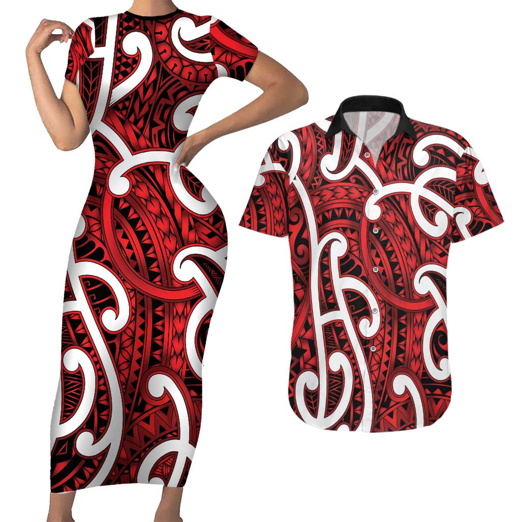 Aotearoa Maori Kowhaiwhai Couples Matching Short Sleeve Bodycon Dress and Hawaiian Shirt Whero Puhoro and Patiki