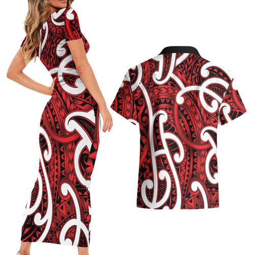Aotearoa Maori Kowhaiwhai Couples Matching Short Sleeve Bodycon Dress and Hawaiian Shirt Whero Puhoro and Patiki