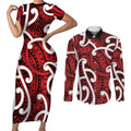 Aotearoa Maori Kowhaiwhai Couples Matching Short Sleeve Bodycon Dress and Long Sleeve Button Shirt Whero Puhoro and Patiki