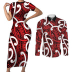 Aotearoa Maori Kowhaiwhai Couples Matching Short Sleeve Bodycon Dress and Long Sleeve Button Shirt Whero Puhoro and Patiki