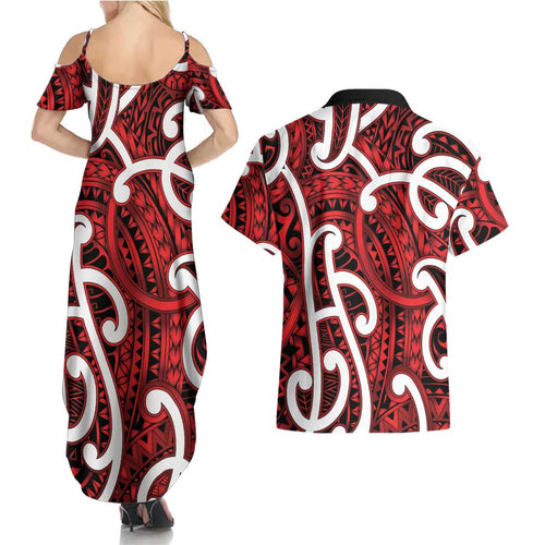 Aotearoa Maori Kowhaiwhai Couples Matching Summer Maxi Dress and Hawaiian Shirt Whero Puhoro and Patiki