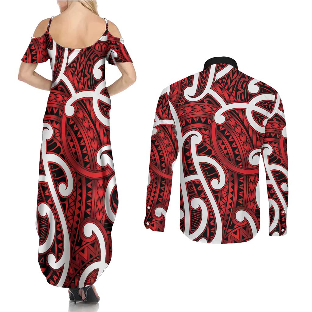 Aotearoa Maori Kowhaiwhai Couples Matching Summer Maxi Dress and Long Sleeve Button Shirt Whero Puhoro and Patiki
