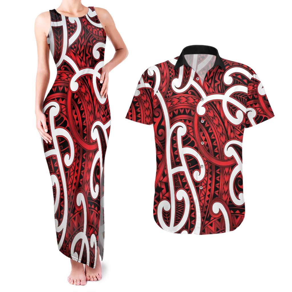 Aotearoa Maori Kowhaiwhai Couples Matching Tank Maxi Dress and Hawaiian Shirt Whero Puhoro and Patiki
