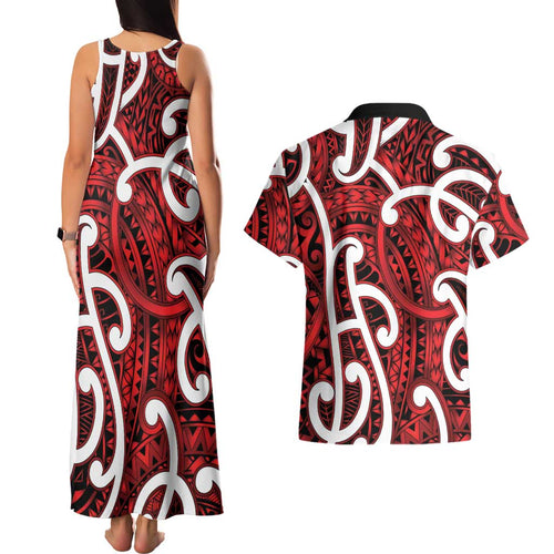 Aotearoa Maori Kowhaiwhai Couples Matching Tank Maxi Dress and Hawaiian Shirt Whero Puhoro and Patiki
