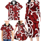 Aotearoa Maori Kowhaiwhai Family Matching Long Sleeve Bodycon Dress and Hawaiian Shirt Whero Puhoro and Patiki