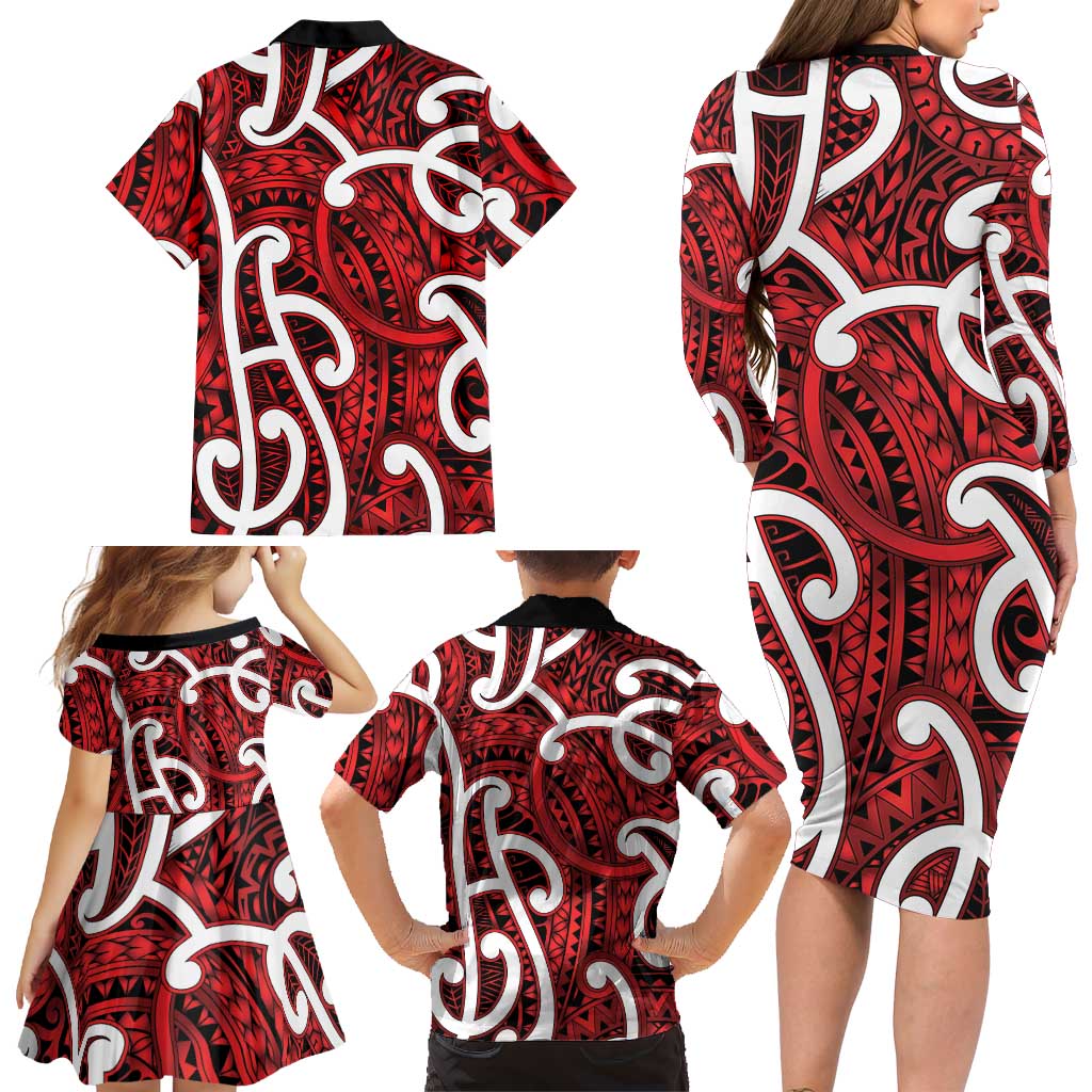 Aotearoa Maori Kowhaiwhai Family Matching Long Sleeve Bodycon Dress and Hawaiian Shirt Whero Puhoro and Patiki