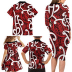 Aotearoa Maori Kowhaiwhai Family Matching Long Sleeve Bodycon Dress and Hawaiian Shirt Whero Puhoro and Patiki