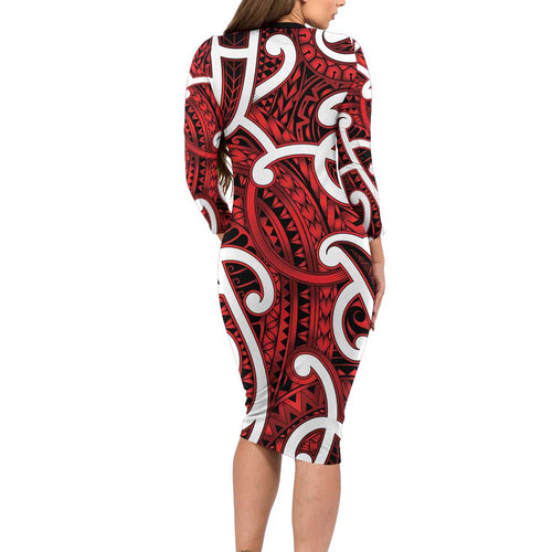 Aotearoa Maori Kowhaiwhai Family Matching Long Sleeve Bodycon Dress and Hawaiian Shirt Whero Puhoro and Patiki