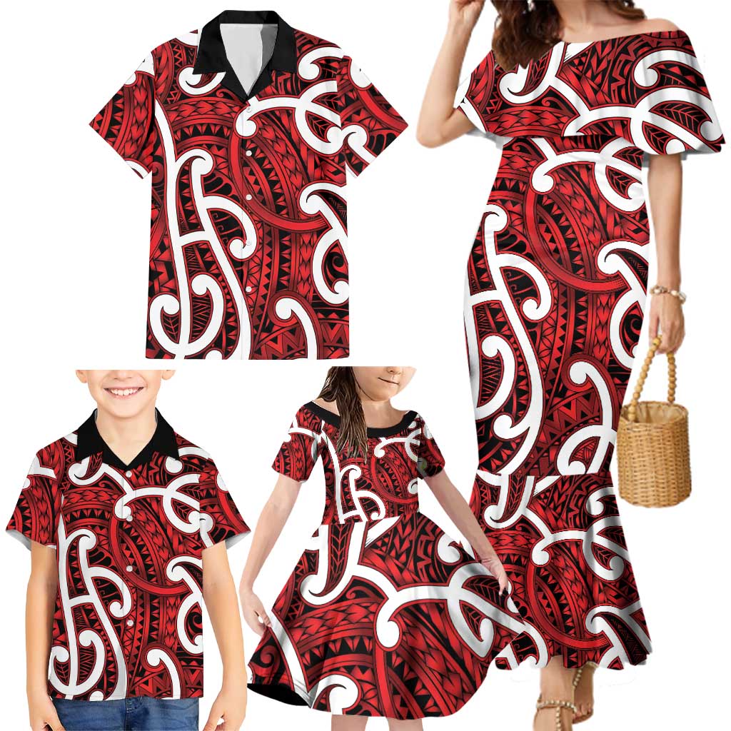 Aotearoa Maori Kowhaiwhai Family Matching Mermaid Dress and Hawaiian Shirt Whero Puhoro and Patiki