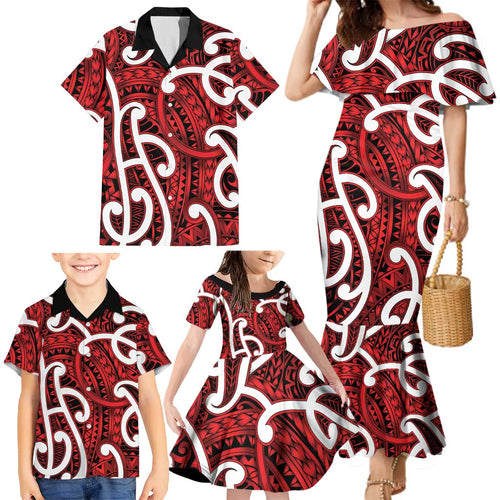 Aotearoa Maori Kowhaiwhai Family Matching Mermaid Dress and Hawaiian Shirt Whero Puhoro and Patiki