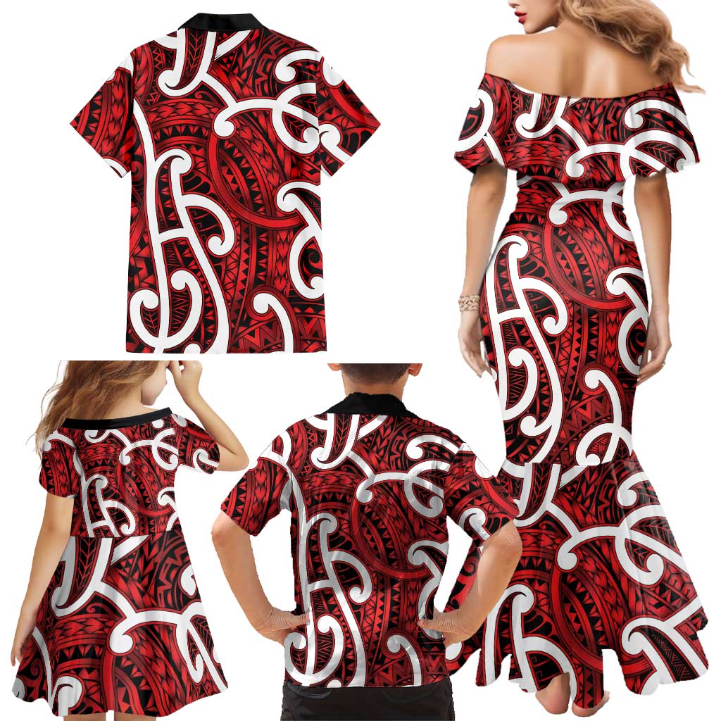 Aotearoa Maori Kowhaiwhai Family Matching Mermaid Dress and Hawaiian Shirt Whero Puhoro and Patiki