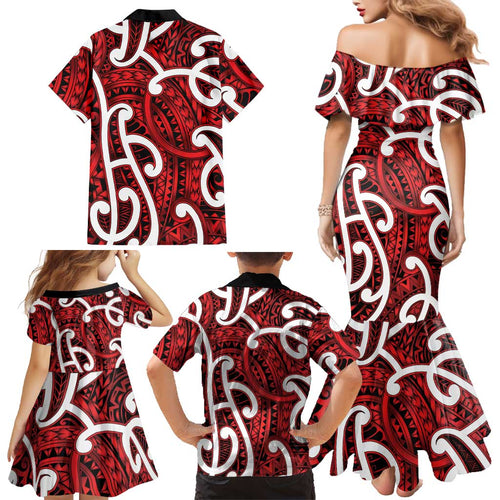 Aotearoa Maori Kowhaiwhai Family Matching Mermaid Dress and Hawaiian Shirt Whero Puhoro and Patiki