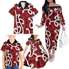 Aotearoa Maori Kowhaiwhai Family Matching Off The Shoulder Long Sleeve Dress and Hawaiian Shirt Whero Puhoro and Patiki