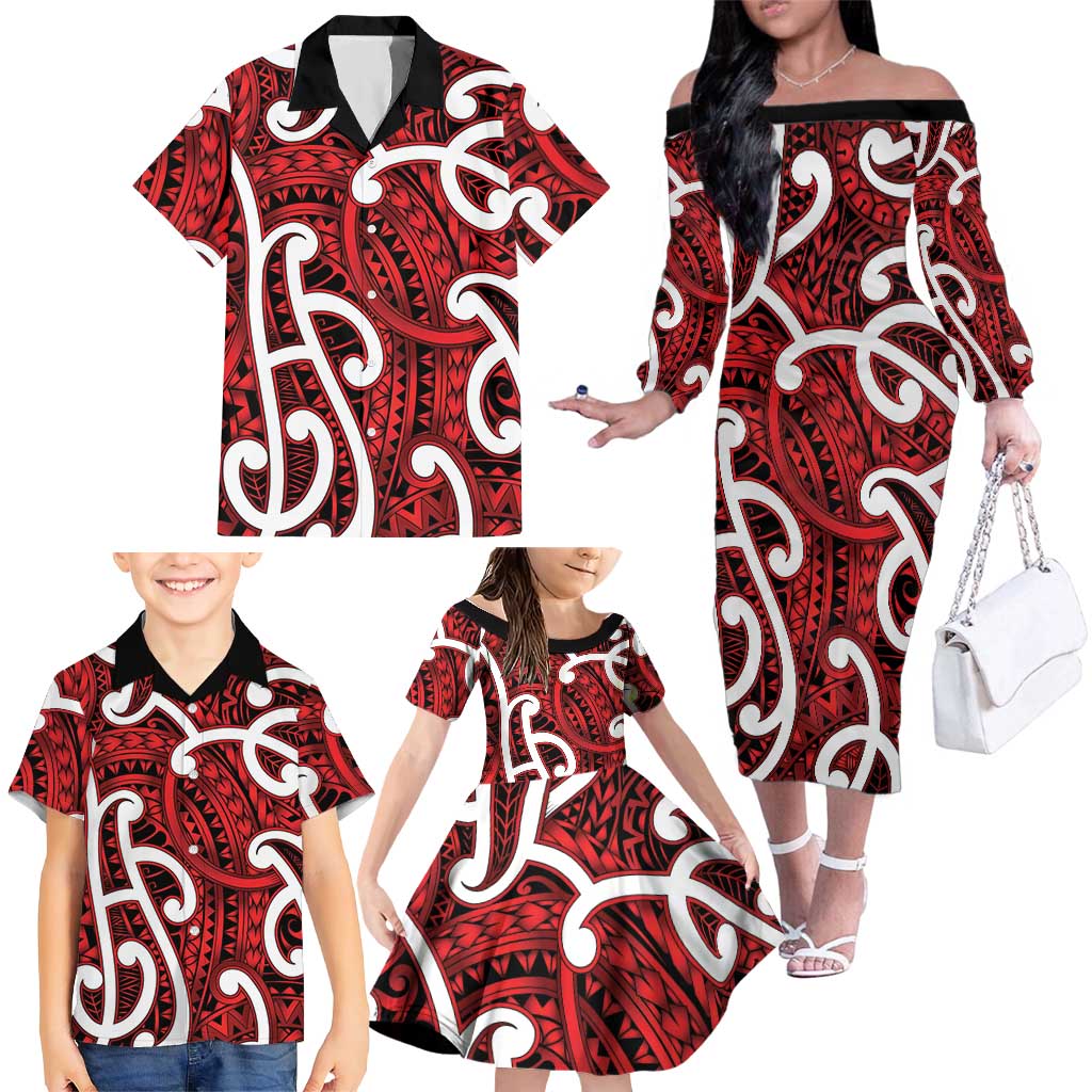Aotearoa Maori Kowhaiwhai Family Matching Off The Shoulder Long Sleeve Dress and Hawaiian Shirt Whero Puhoro and Patiki