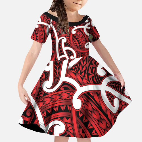 Aotearoa Maori Kowhaiwhai Family Matching Off The Shoulder Long Sleeve Dress and Hawaiian Shirt Whero Puhoro and Patiki