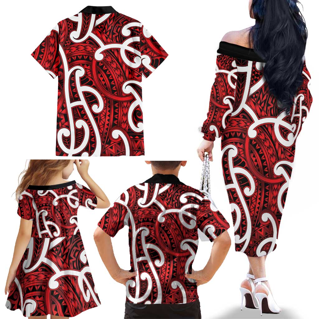 Aotearoa Maori Kowhaiwhai Family Matching Off The Shoulder Long Sleeve Dress and Hawaiian Shirt Whero Puhoro and Patiki