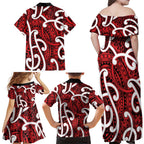 Aotearoa Maori Kowhaiwhai Family Matching Off Shoulder Maxi Dress and Hawaiian Shirt Whero Puhoro and Patiki