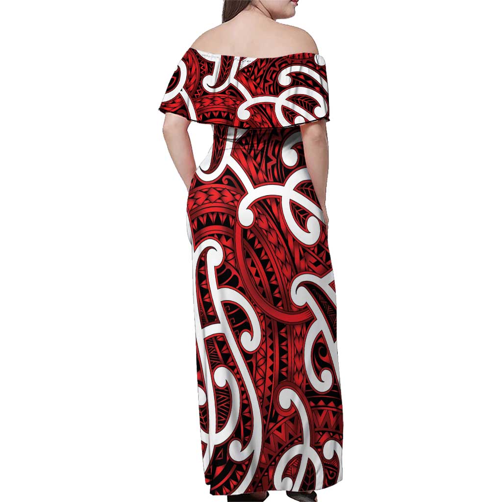 Aotearoa Maori Kowhaiwhai Family Matching Off Shoulder Maxi Dress and Hawaiian Shirt Whero Puhoro and Patiki