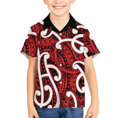 Aotearoa Maori Kowhaiwhai Family Matching Off Shoulder Short Dress and Hawaiian Shirt Whero Puhoro and Patiki