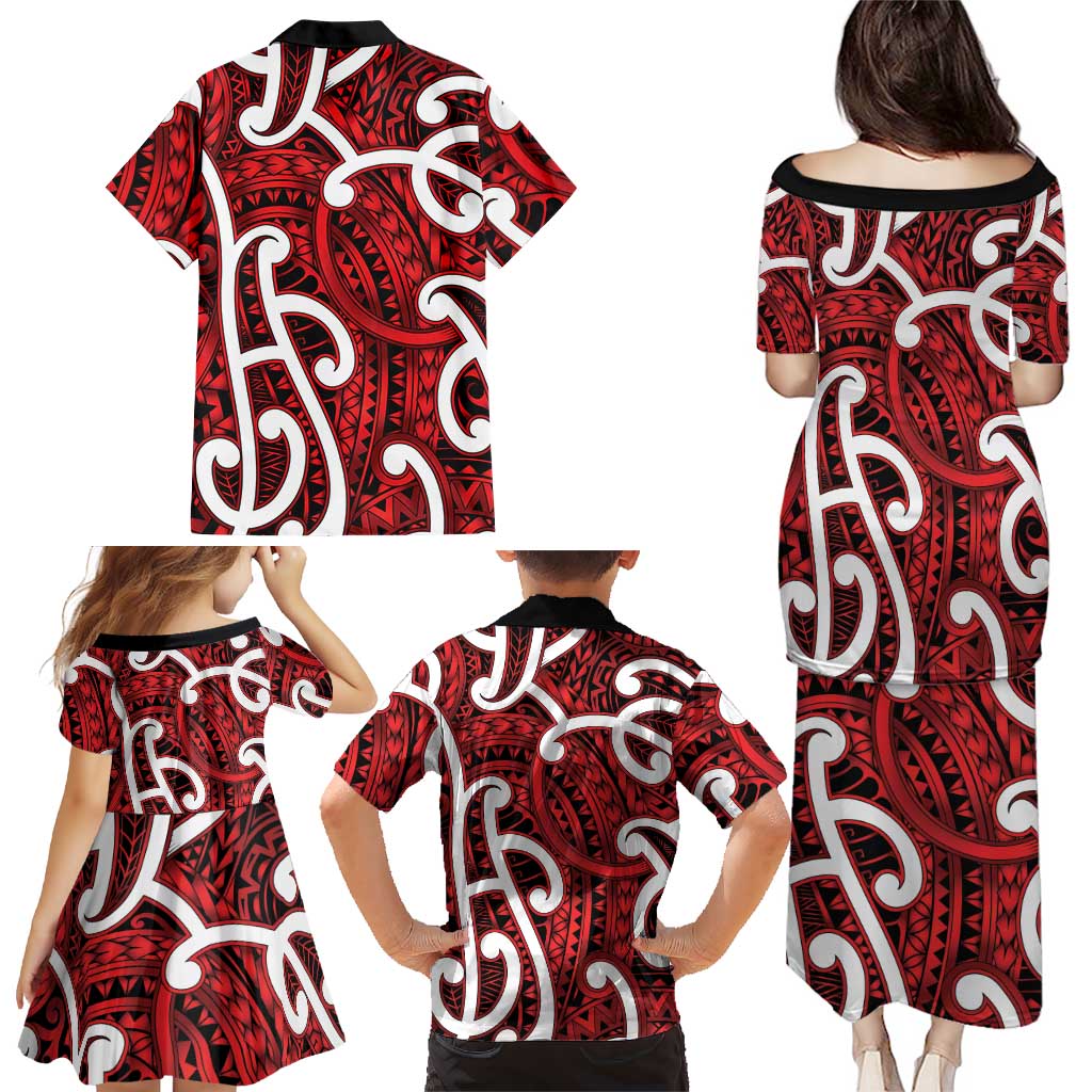 Aotearoa Maori Kowhaiwhai Family Matching Puletasi and Hawaiian Shirt Whero Puhoro and Patiki