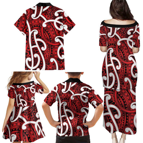 Aotearoa Maori Kowhaiwhai Family Matching Puletasi and Hawaiian Shirt Whero Puhoro and Patiki