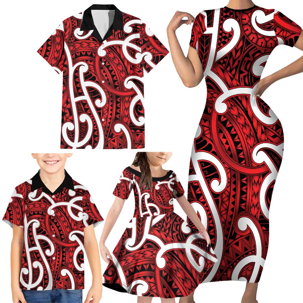 Aotearoa Maori Kowhaiwhai Family Matching Short Sleeve Bodycon Dress and Hawaiian Shirt Whero Puhoro and Patiki