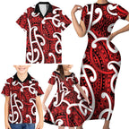 Aotearoa Maori Kowhaiwhai Family Matching Short Sleeve Bodycon Dress and Hawaiian Shirt Whero Puhoro and Patiki