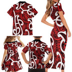 Aotearoa Maori Kowhaiwhai Family Matching Short Sleeve Bodycon Dress and Hawaiian Shirt Whero Puhoro and Patiki