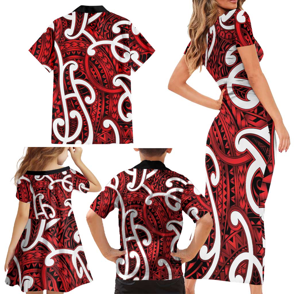 Aotearoa Maori Kowhaiwhai Family Matching Short Sleeve Bodycon Dress and Hawaiian Shirt Whero Puhoro and Patiki