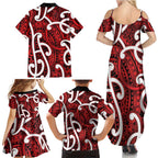 Aotearoa Maori Kowhaiwhai Family Matching Summer Maxi Dress and Hawaiian Shirt Whero Puhoro and Patiki