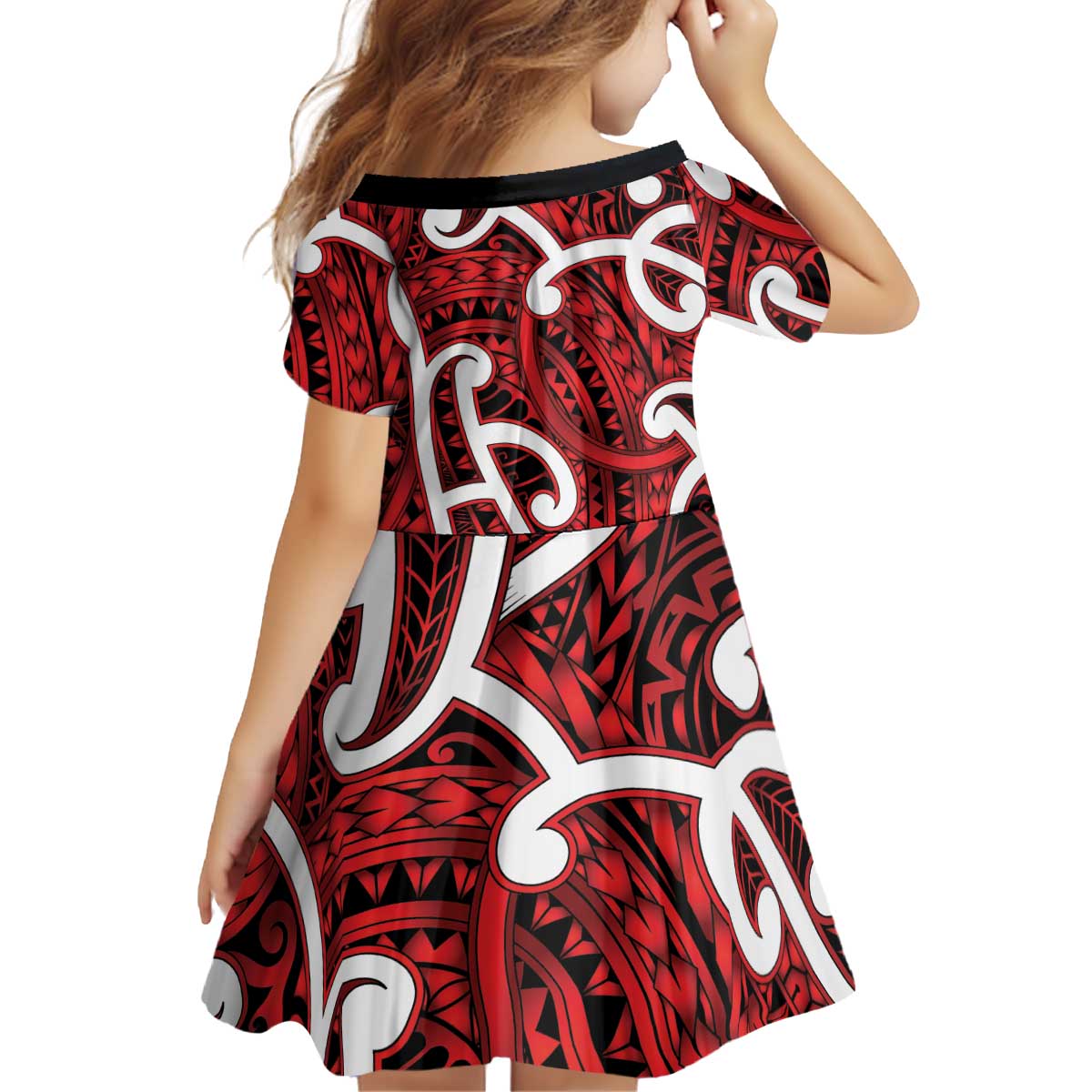 Aotearoa Maori Kowhaiwhai Kid Short Sleeve Dress Whero Puhoro and Patiki