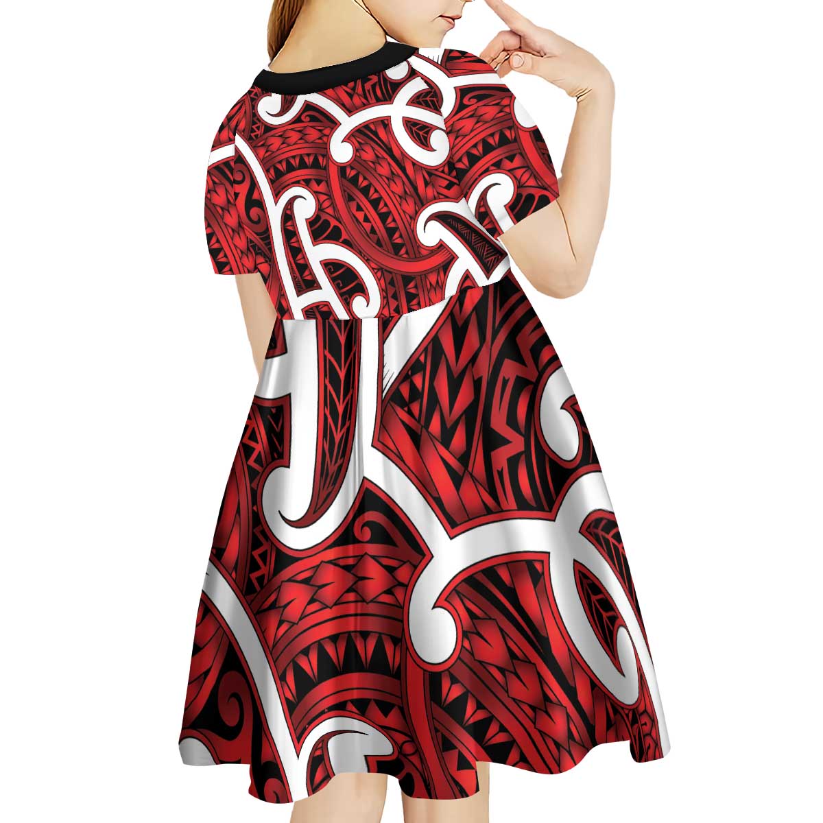 Aotearoa Maori Kowhaiwhai Kid Short Sleeve Dress Whero Puhoro and Patiki