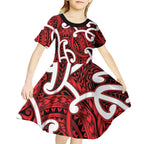 Aotearoa Maori Kowhaiwhai Kid Short Sleeve Dress Whero Puhoro and Patiki