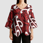 Aotearoa Maori Kowhaiwhai Kimono Sleeve Blouse Whero Puhoro and Patiki