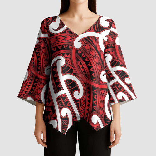 Aotearoa Maori Kowhaiwhai Kimono Sleeve Blouse Whero Puhoro and Patiki