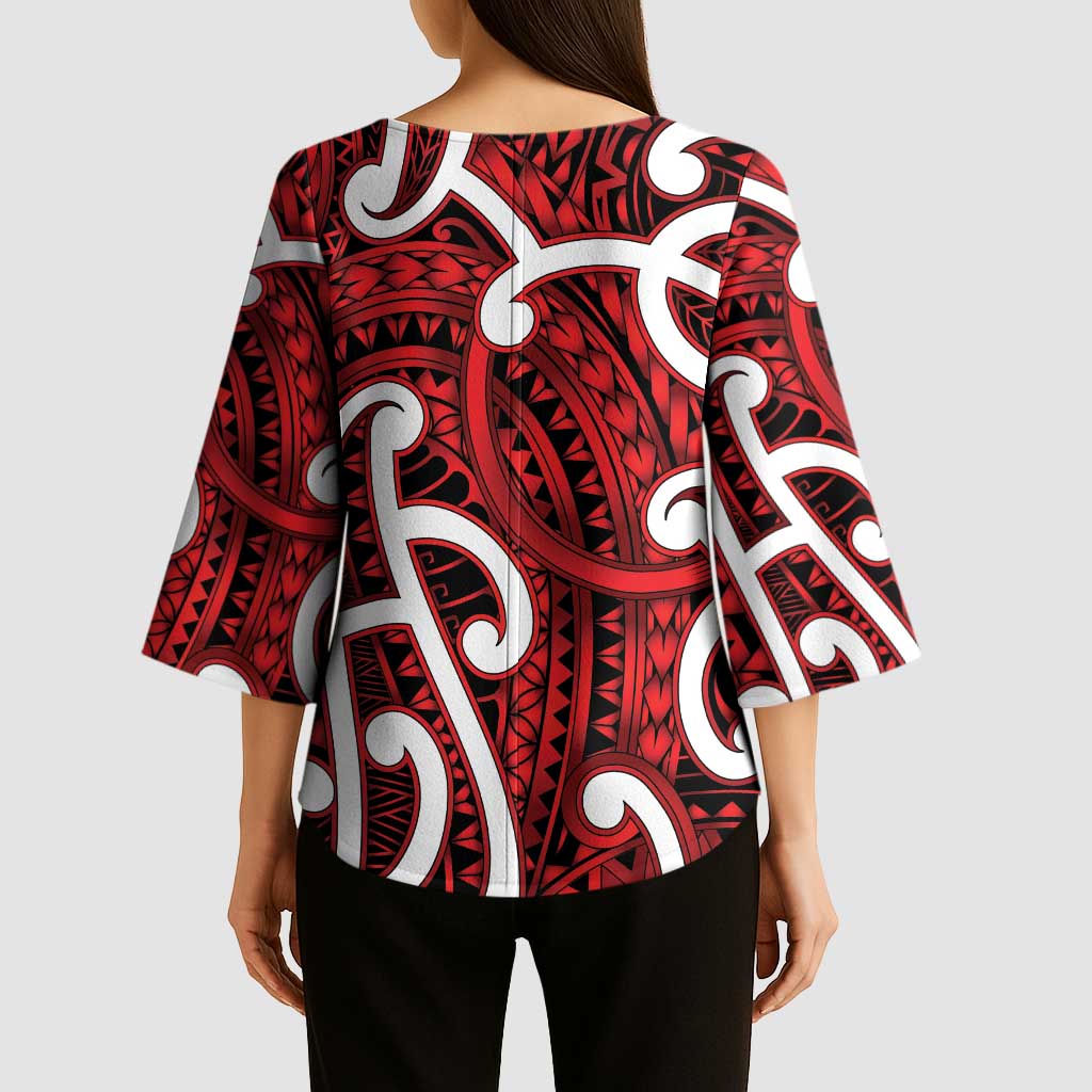 Aotearoa Maori Kowhaiwhai Kimono Sleeve Blouse Whero Puhoro and Patiki