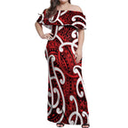 Aotearoa Maori Kowhaiwhai Off Shoulder Maxi Dress Whero Puhoro and Patiki
