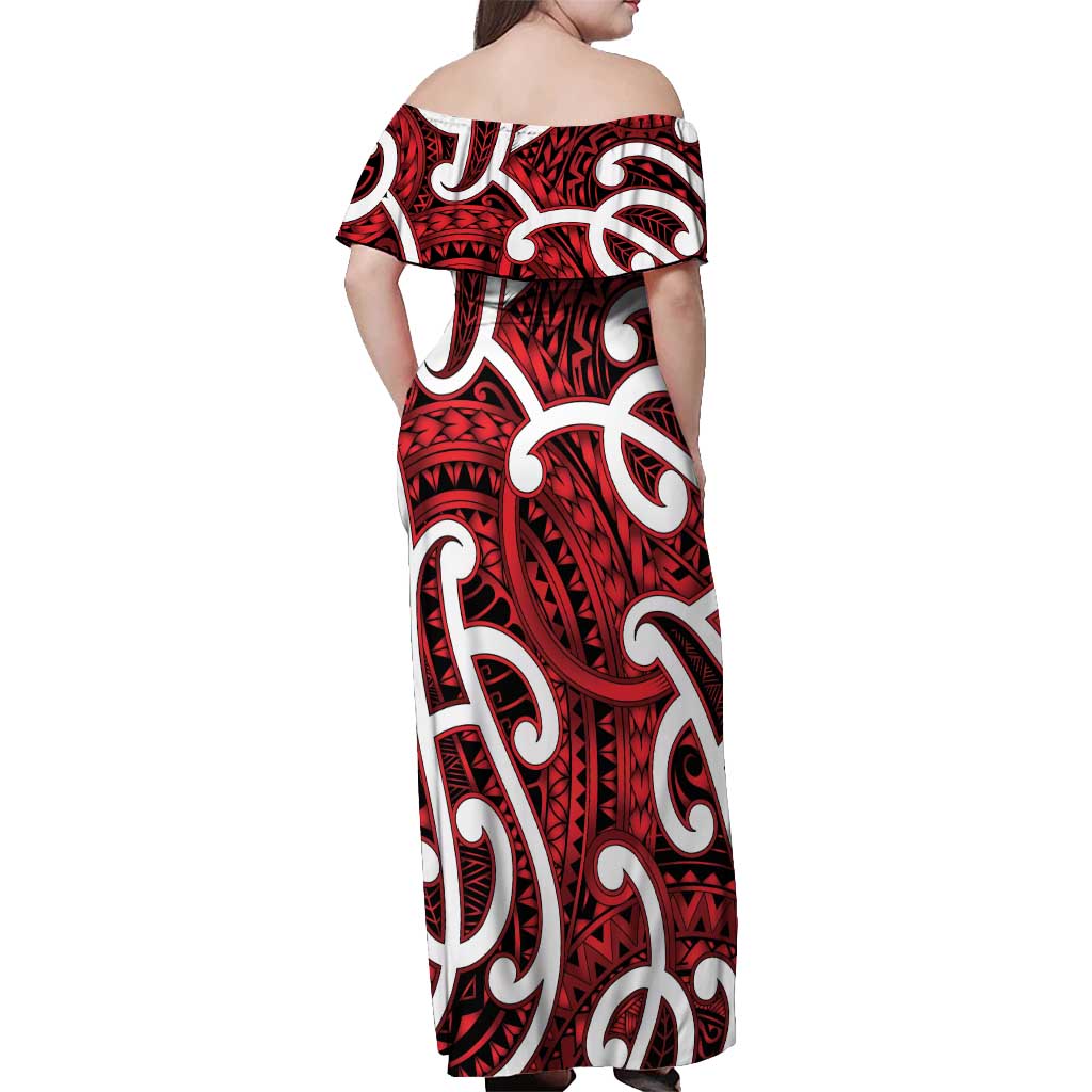 Aotearoa Maori Kowhaiwhai Off Shoulder Maxi Dress Whero Puhoro and Patiki