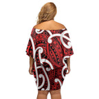 Aotearoa Maori Kowhaiwhai Off Shoulder Short Dress Whero Puhoro and Patiki