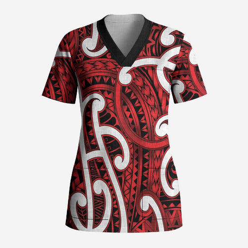 Aotearoa Maori Kowhaiwhai Scrub Top Whero Puhoro and Patiki