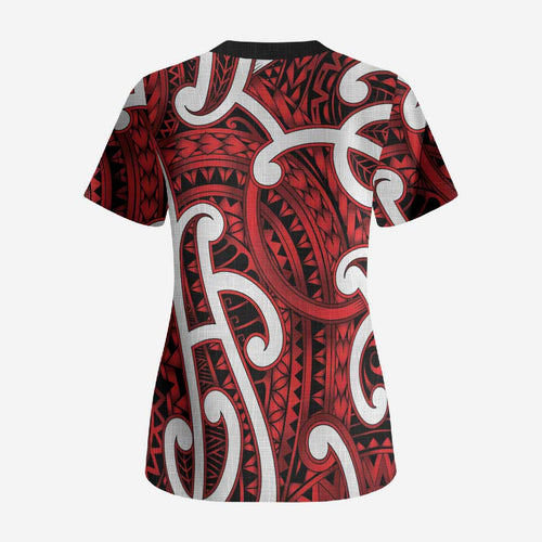 Aotearoa Maori Kowhaiwhai Scrub Top Whero Puhoro and Patiki