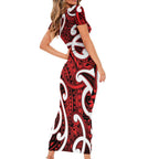 Aotearoa Maori Kowhaiwhai Short Sleeve Bodycon Dress Whero Puhoro and Patiki