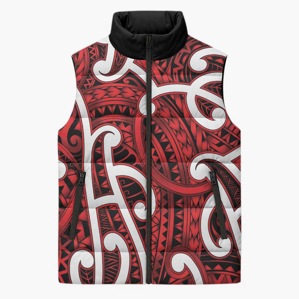 Aotearoa Maori Kowhaiwhai Sleeveless Puffer Jacket Whero Puhoro and Patiki