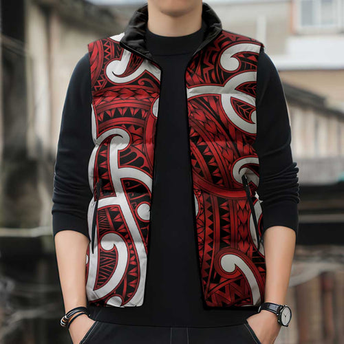 Aotearoa Maori Kowhaiwhai Sleeveless Puffer Jacket Whero Puhoro and Patiki
