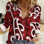 Aotearoa Maori Kowhaiwhai Women Casual Shirt Whero Puhoro and Patiki