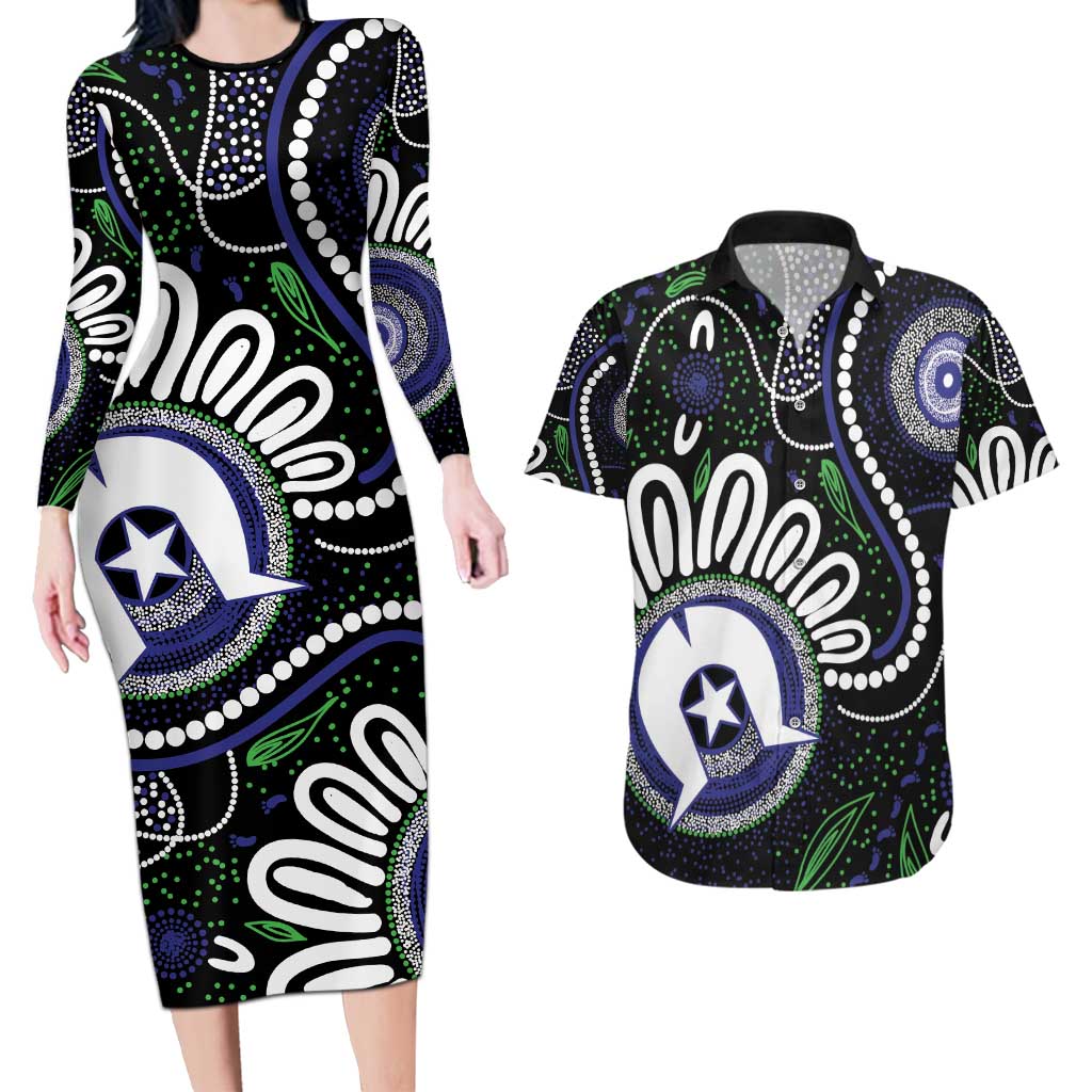 Torres Strait Islander Aboriginal Dot Painting Personalised Couples Matching Long Sleeve Bodycon Dress and Hawaiian Shirt