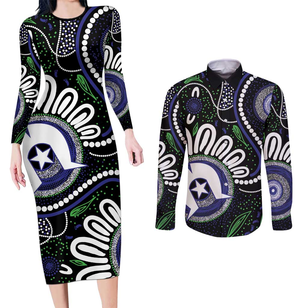 Torres Strait Islander Aboriginal Dot Painting Personalised Couples Matching Long Sleeve Bodycon Dress and Long Sleeve Button Shirt