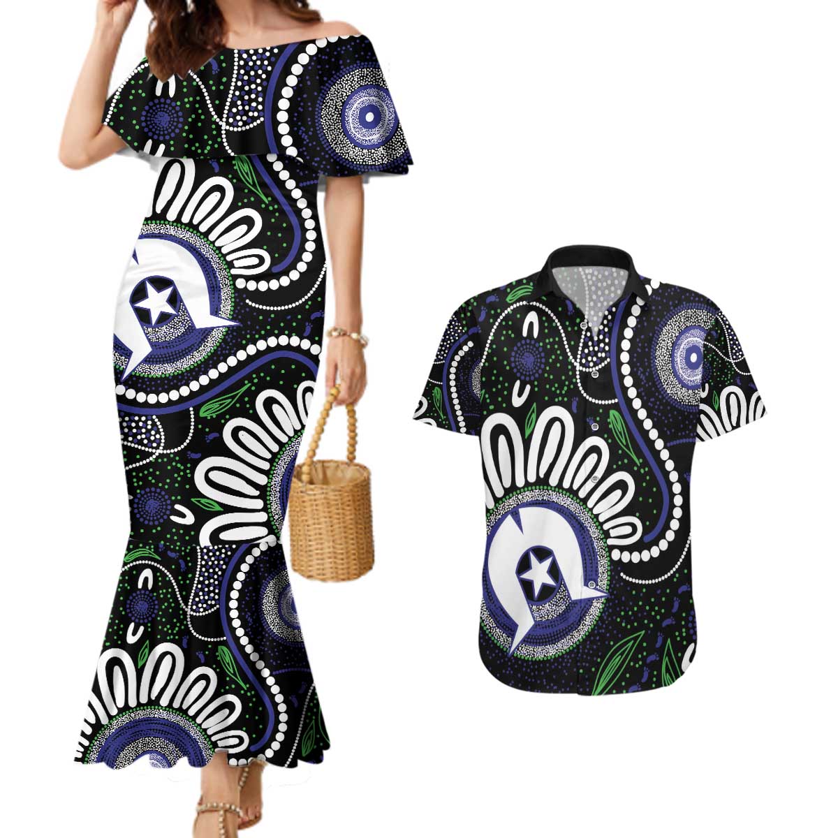 Torres Strait Islander Aboriginal Dot Painting Personalised Couples Matching Mermaid Dress and Hawaiian Shirt