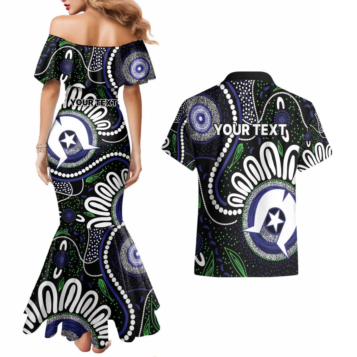 Torres Strait Islander Aboriginal Dot Painting Personalised Couples Matching Mermaid Dress and Hawaiian Shirt
